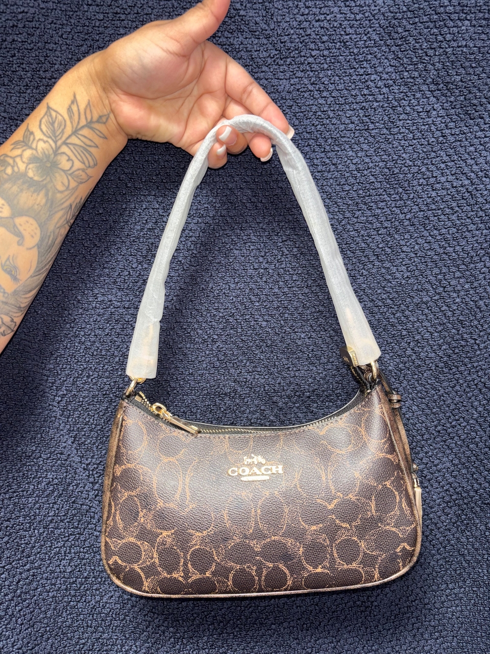 Coach Brown Signature Mini Shoulder Bag with Gold Logo
